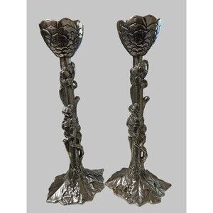 RARE ARTHUR COURT 1992 CHRISTMAS HOLLY LEAF & PINECONE CANDLE STICK HOLDERS